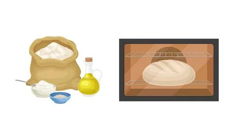 Baking bread process set. Bead baked in oven vector illustration Stock Illustration