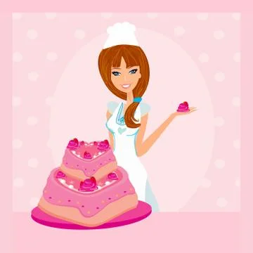 Baking a cake.illustration of lady baker making a cake Stock Illustration