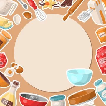 Baking cartoon tools round pattern. Kitchen utensils. Baking ingredients set Stock Illustration