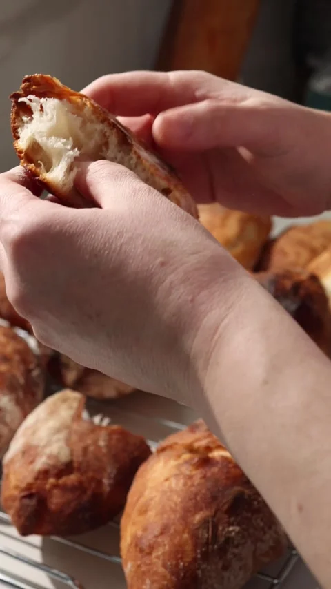 Baking Ciabatta Bread Revealing Its Classic Light And Open Texture Stock Footage 327848679