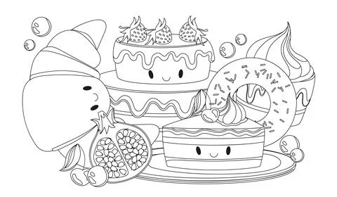 Baking coloring page. Slice of cake with cupcake and croissant. Dessert and Stock-Illustration