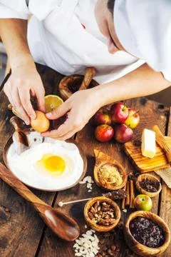 Baking concept background. Baker with ingredients for pastry desserts. Apples Stock Photos