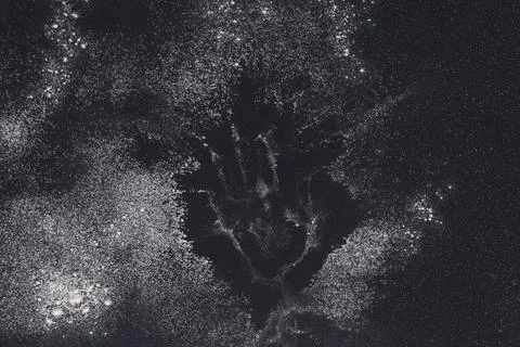Baking concept on black background, sprinkled flour with copy space Stock Photos