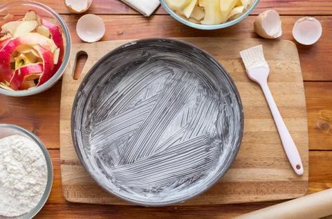 Baking concept. Cooking Apple pie, step by step instructions. Top view. Stock Photos