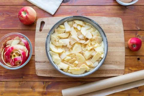 Baking concept. Cooking Apple pie, step by step instructions. Top view. Step  Stock Photos