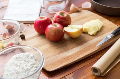 Baking concept. Cooking Apple pie, step by step instructions. Top view. Step  Stock Photos