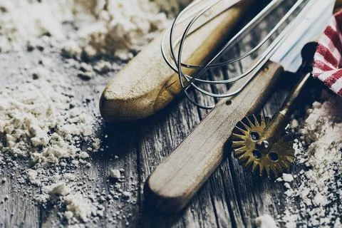 Baking concept kitchen cooking cutlery accessories for baking on wooden bac.. Stock Photos