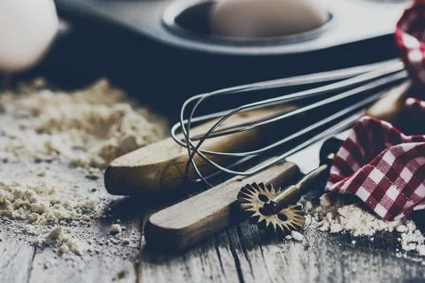Baking concept kitchen cooking cutlery accessories for baking on wooden bac.. Stock Photos