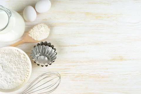 Baking cooking Ingredients background with copy space. Flour, eggs, milk, bak Stock-Fotos