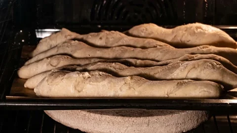 Baking craft bread, baguette in a home oven, time lapse Stock Footage 160766144