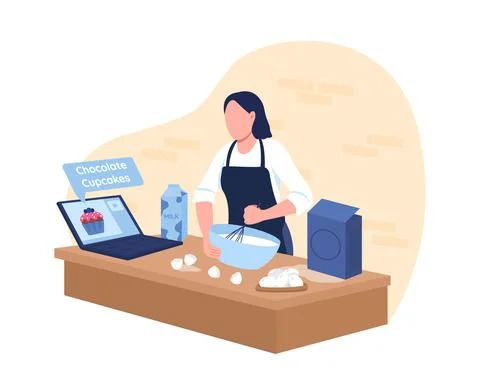 Baking cupcakes with online tutorial 2D vector web banner, poster イラスト素材