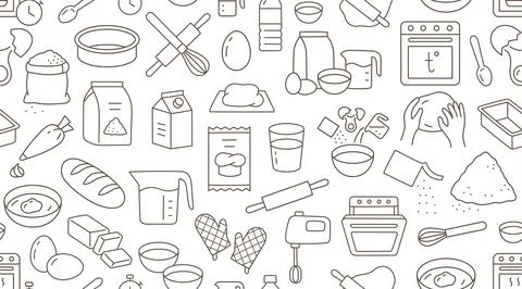 Baking doodle brown seamless pattern. Vector background included line icons as - イラスト素材