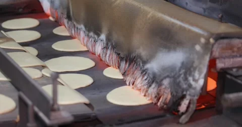 Baking dough going into the bakery oven, Automatic bakery production line Vidéo 258759407