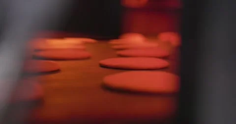 Baking dough going in the bakery oven. Automatic bakery production line Vidéo 258760340