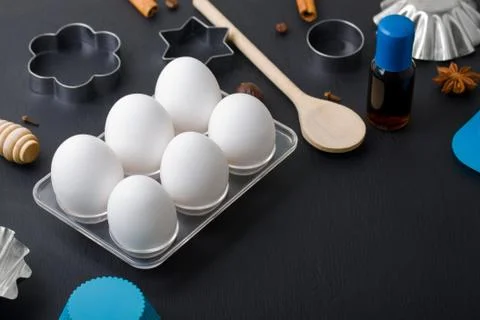 Baking eggs kitchen tools shape cookie cutters vanilla extract Stock Photos