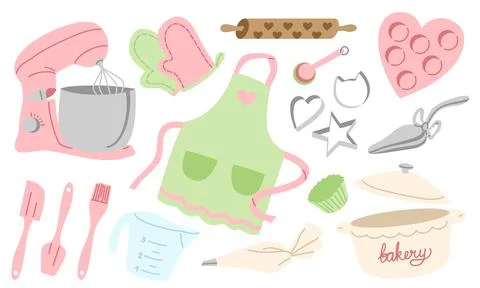 Baking Equipment Collection with Cute Elements. Flat Illustration Set Illustrazione stock