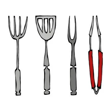 Baking Equipment or Barbeque Tools. Tongs for BBQ, Fork and Spatula. Isolated On Illustrazione stock