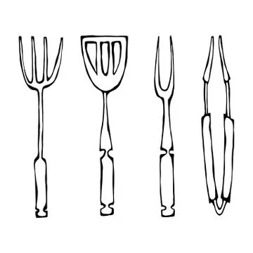 Baking Equipment or Barbeque Tools. Tongs for BBQ, Fork and Spatula. Isolated On Stockillustratie