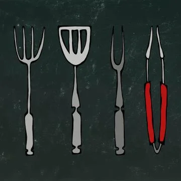 Baking Equipment or Barbeque Tools. Tongs for BBQ, Fork and Spatula. Isolated on Stockillustratie