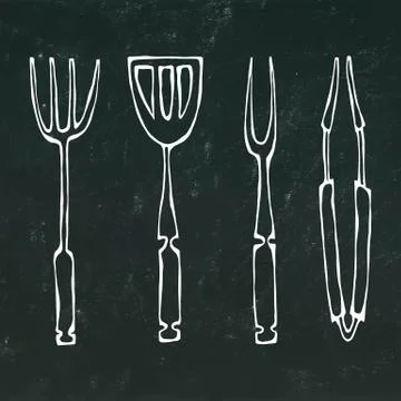 Baking Equipment or Barbeque Tools. Tongs for BBQ, Fork and Spatula. Isolated on Stockillustratie