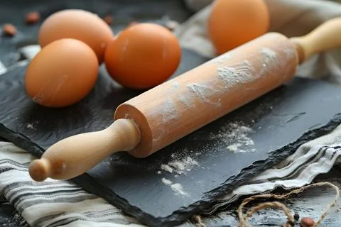 Baking essentials: fresh eggs and rolling pin on kitchen counter Stock Photos