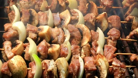 Baking fresh meat on barbecue Stock Footage 72540893