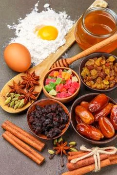 Baking a fruitcake. The ingredients on the table Stock Photos