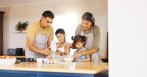 Baking, help and learning with family in kitchen in home for support, cookies Stock Photos