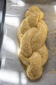 Baking homemade challah bread. A braid with sesame seeds in a pan before baking Stock Photos
