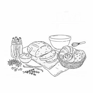 Baking illustration bread loaf rolls basket line art Silhouette Stock Illustration