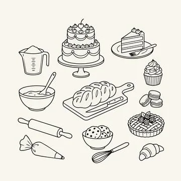 Baking illustration set with cake, pastry, bread, cupcake, line art style S.. 库存插图