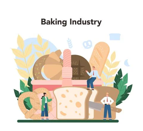 Baking industry concept. Baking pastry process. Bakery worker 스톡 일러스트