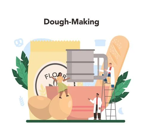 Baking industry concept. Baking pastry process. Bakery worker Stock Illustration