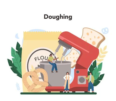 Baking industry concept. Baking pastry process. Bakery worker 스톡 일러스트