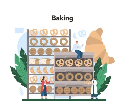 Baking industry concept. Baking pastry process. Bakery worker 스톡 일러스트