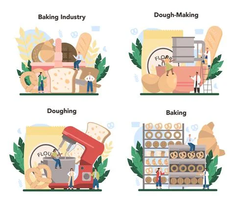 Baking industry concept set. Baking pastry process. Bakery worker 스톡 일러스트