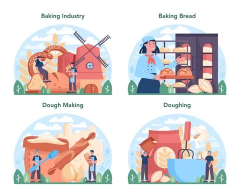 Baking industry concept set. Pastry baking process and retail. Stock Illustration