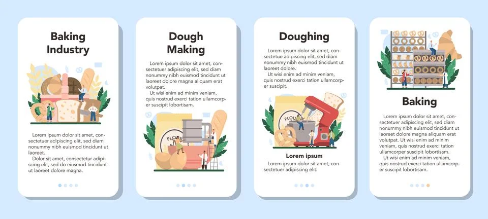 Baking industry mobile application banner set. Baking pastry process. 스톡 일러스트