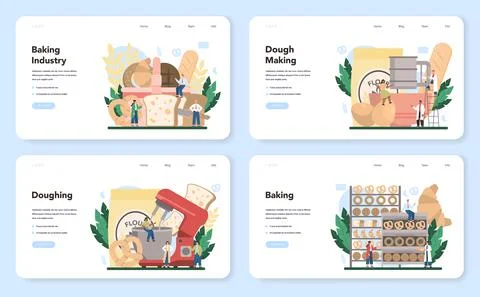 Baking industry web banner or landing page set. Baking pastry process. Stock Illustration