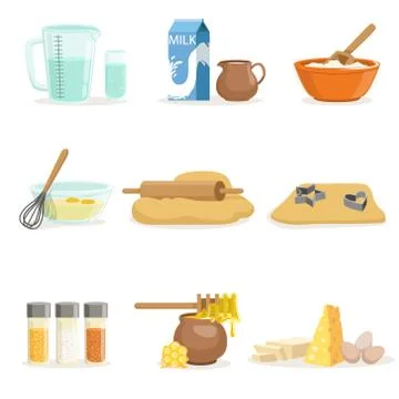Baking Ingredients And Kitchen Tools And Utensils Set Of Realistic Cartoon Illustrazione stock