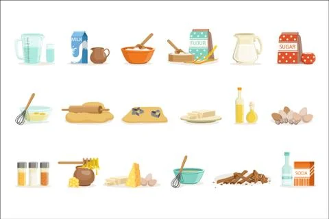Baking Ingredients And Kitchen Tools And Utensils Set Of Realistic Cartoon Illustrazione stock