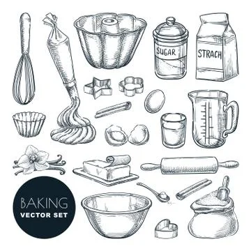 Baking ingredients and kitchen utensil icons. Vector flat cartoon illustratio Stock Illustration