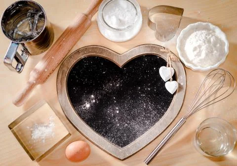 Baking ingredients background, board in the form of heart, baking concept, I Photos