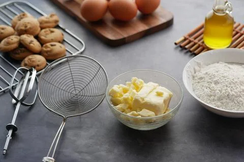 Baking ingredients on a black background, top view. Stock Photos