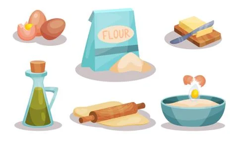 Baking Ingredients In Cartoon Style. Set Of Vector Food Icons. Ilustración de archivo