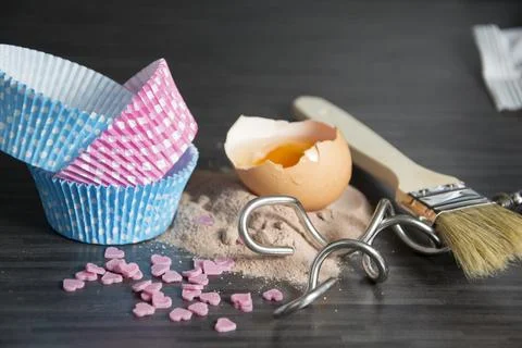 Baking ingredients on dark Stock Photos