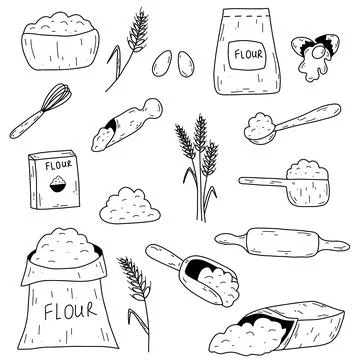 Baking ingredients in doodle hand drawn style. Bag with flour, eggs, kitchen  Stock Illustration