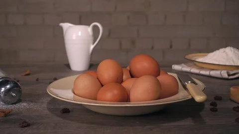 Baking ingredients on farmhouse table. 스톡 동영상 73519995