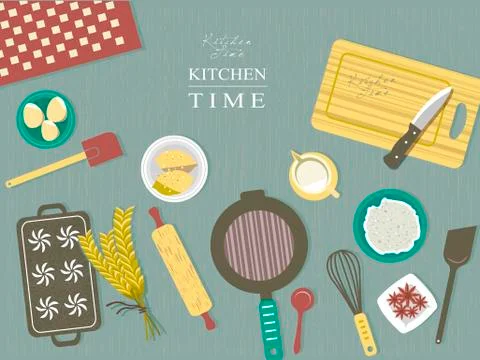 Baking ingredients on kitchen table in flat design Stock Illustration