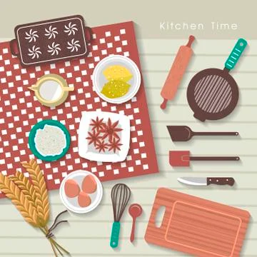 Baking ingredients on kitchen table in flat design Stock Illustration